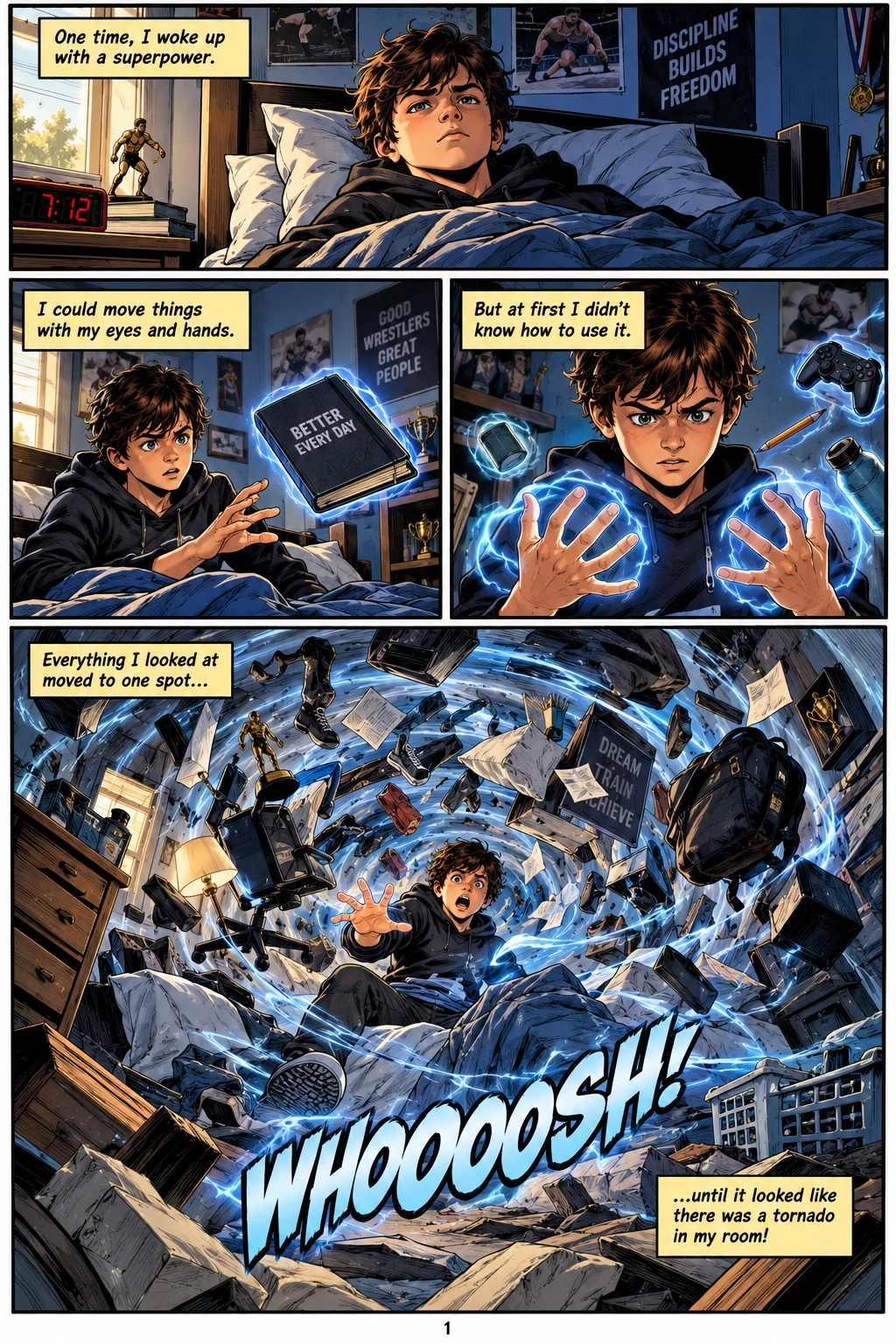 Opening comic page: a boy discovers he can move objects with his mind